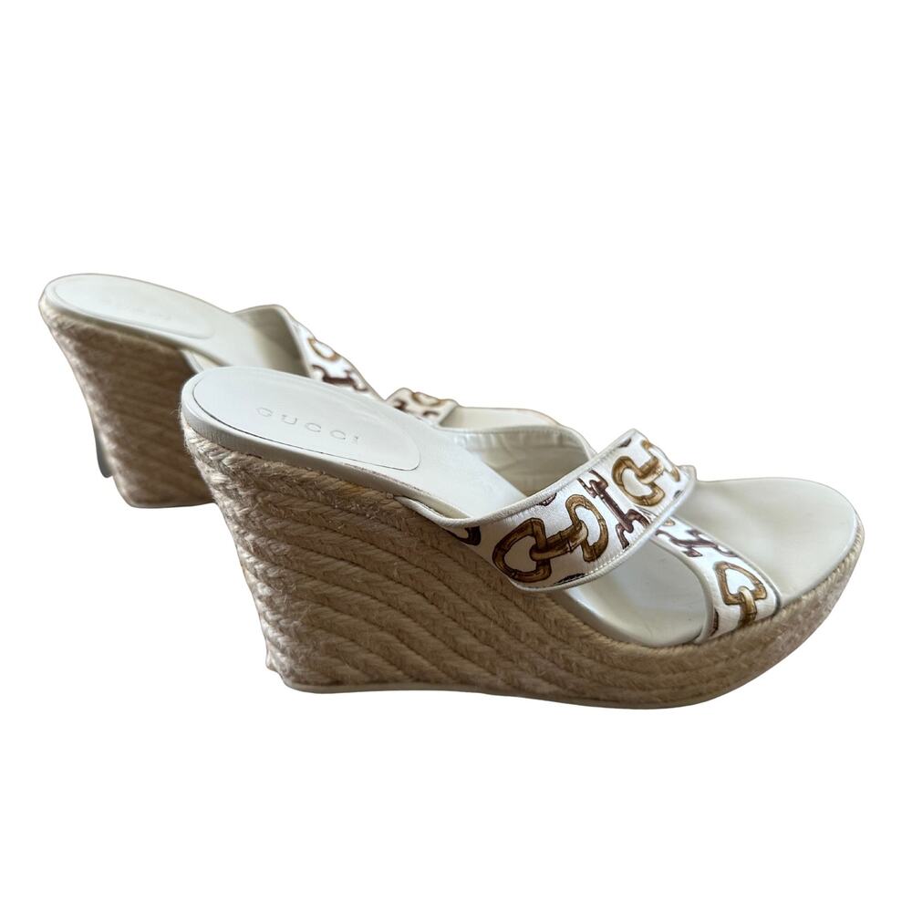 Gucci Satin Bamboo Horsebit Printed Espadrilles Wedges Y2K I 8